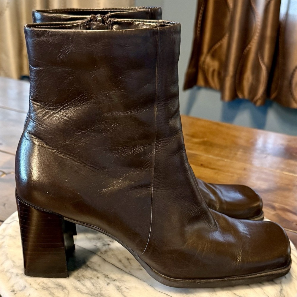 VTG 90s Y2K Nine & Co Brown Leather Ankle Zip Boots Square Toe Size 7 M